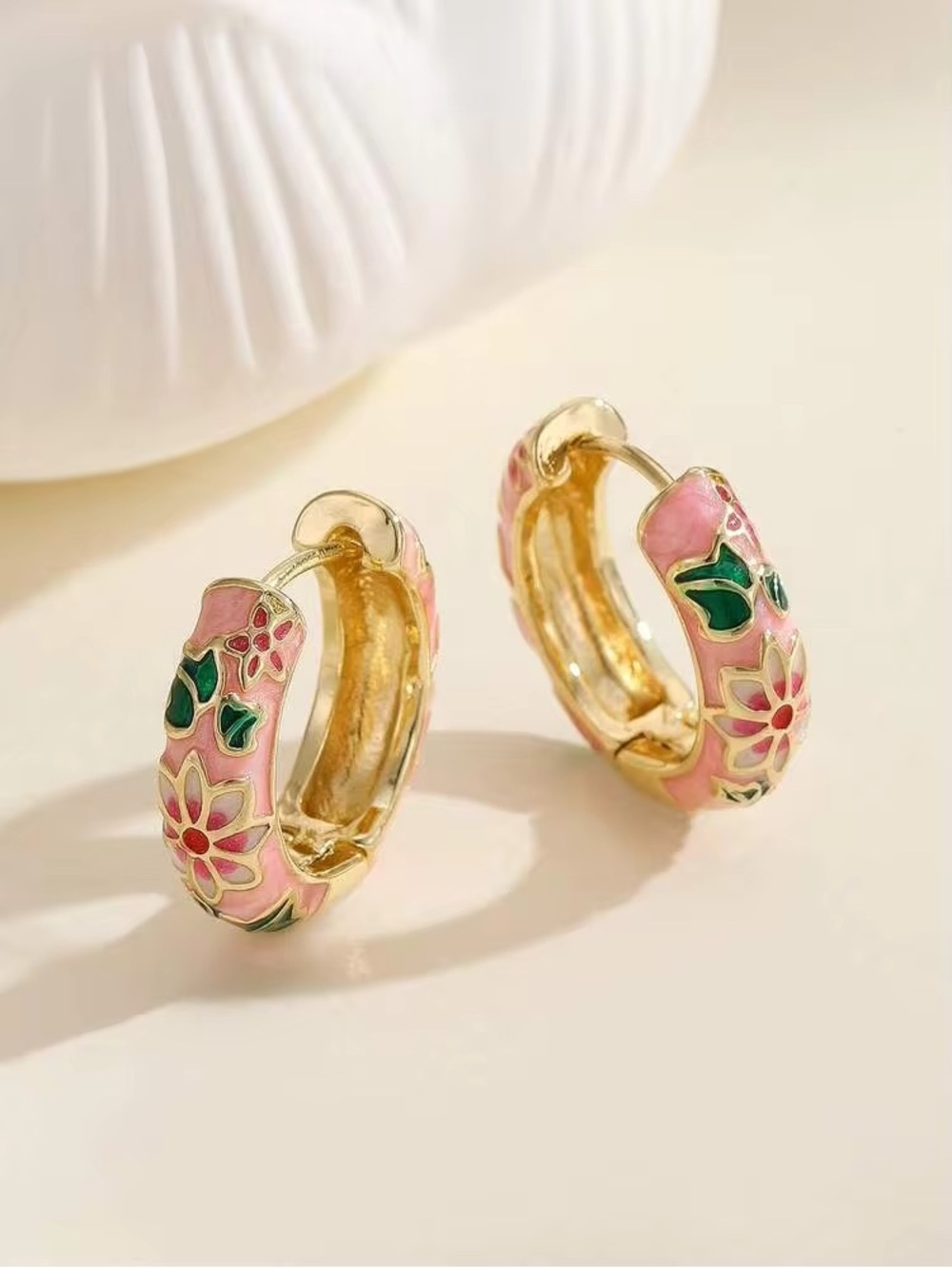 NEW Pink floral hoop earrings with green leaves and red centers #floral #hoop
